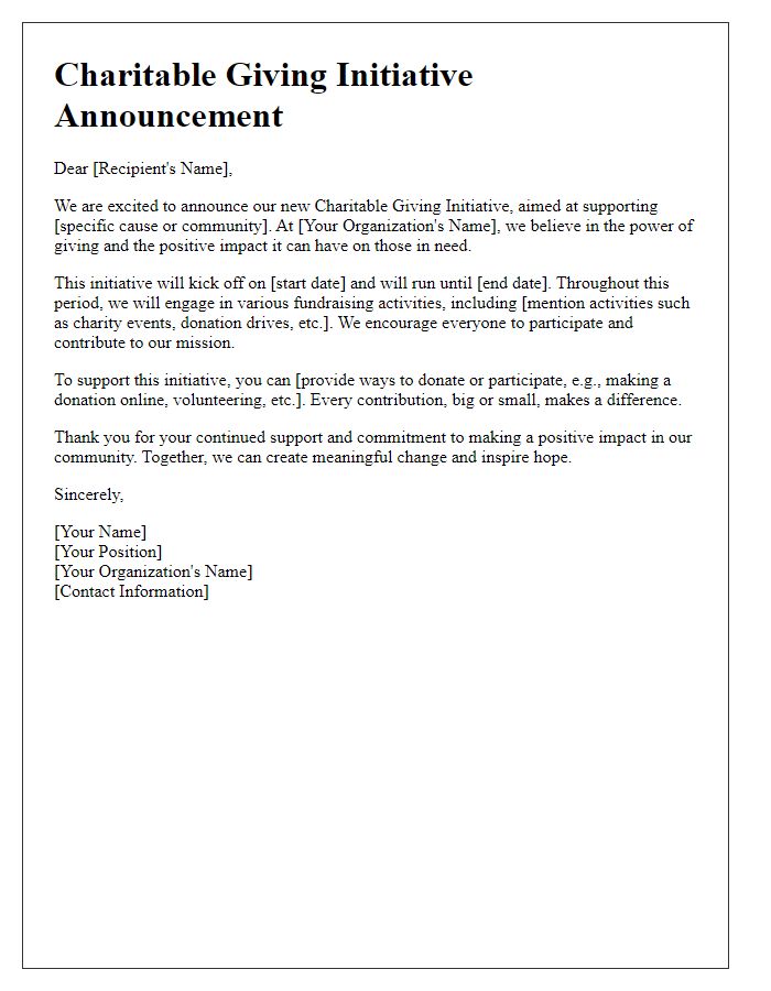 Letter template of Charitable Giving Initiative Announcement