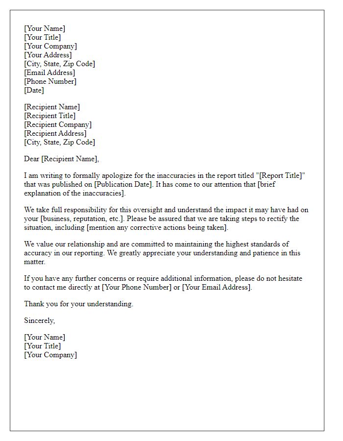 Letter template of formal apology regarding inaccurate reporting.