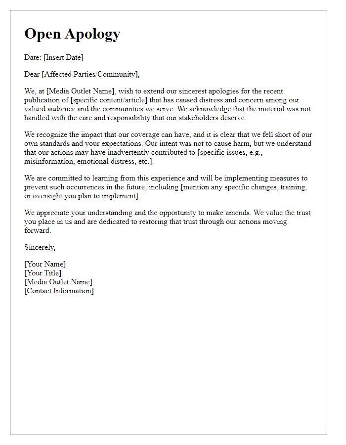 Letter template of open apology to affected parties from media outlet.