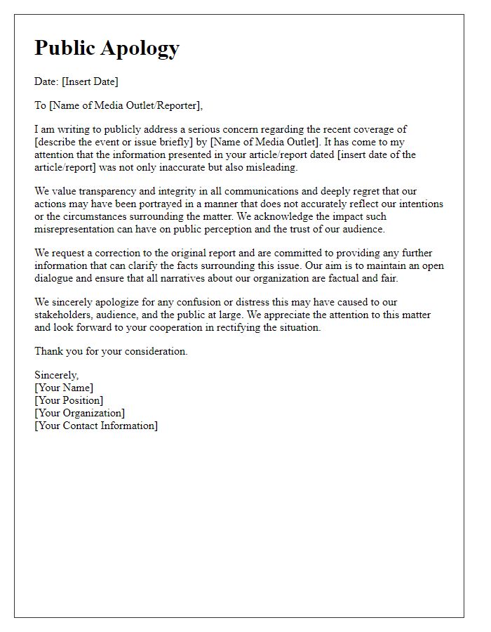 Letter template of public apology for media misrepresentation.