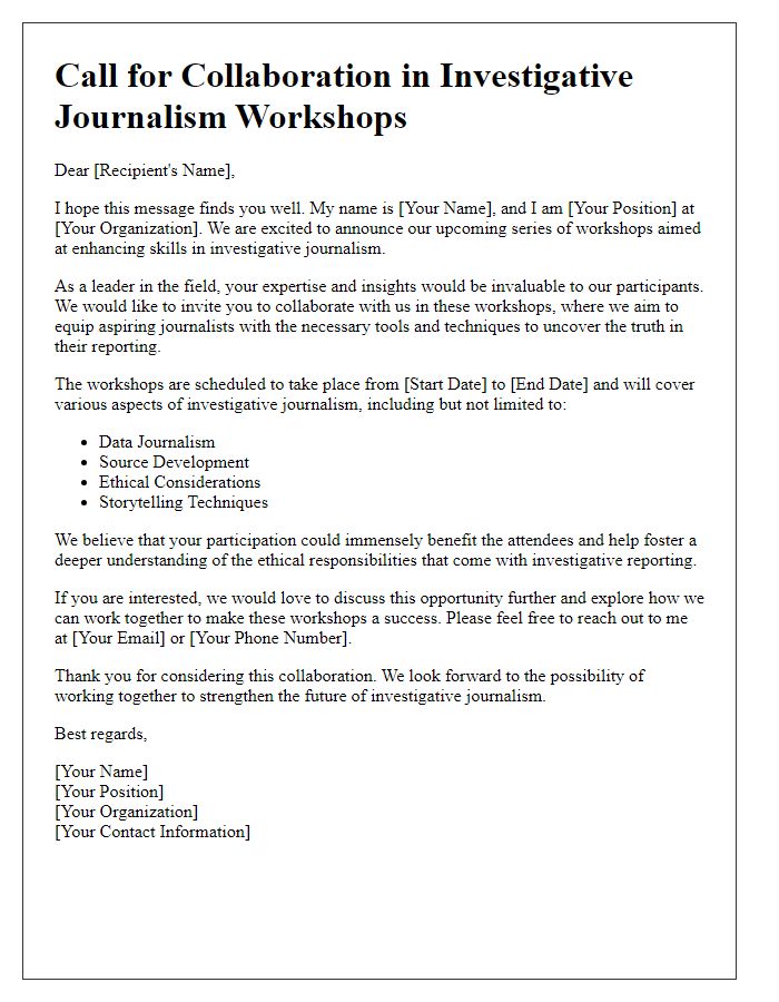 Letter template of call for collaboration in investigative journalism workshops.