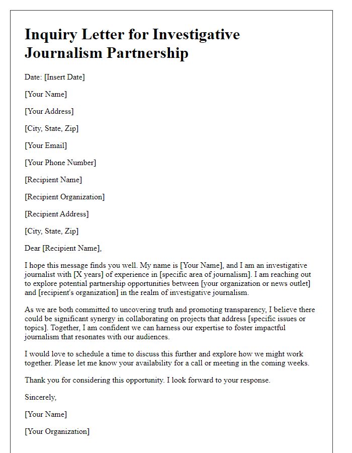 Letter template of inquiry for potential investigative journalism partnerships.