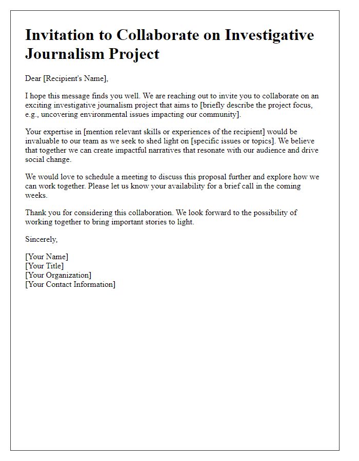 Letter template of invitation for collaborative investigative journalism project proposal.