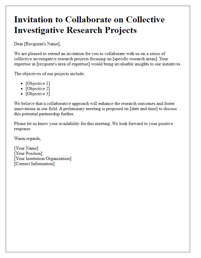 Letter template of invitation for collective investigative research projects.