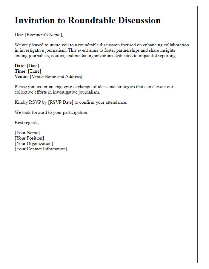 Letter template of invitation for a roundtable discussion on investigative journalism collaboration.