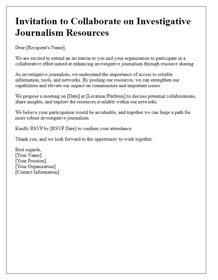 Letter template of invitation for sharing resources in investigative journalism.