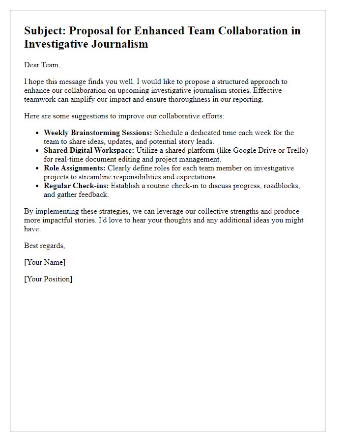 Letter template of suggestion for team collaboration in investigative journalism stories.