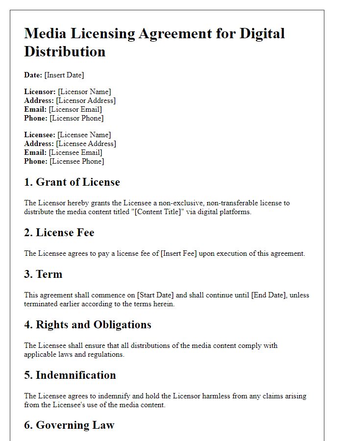 Letter template of media licensing agreement for digital distribution.