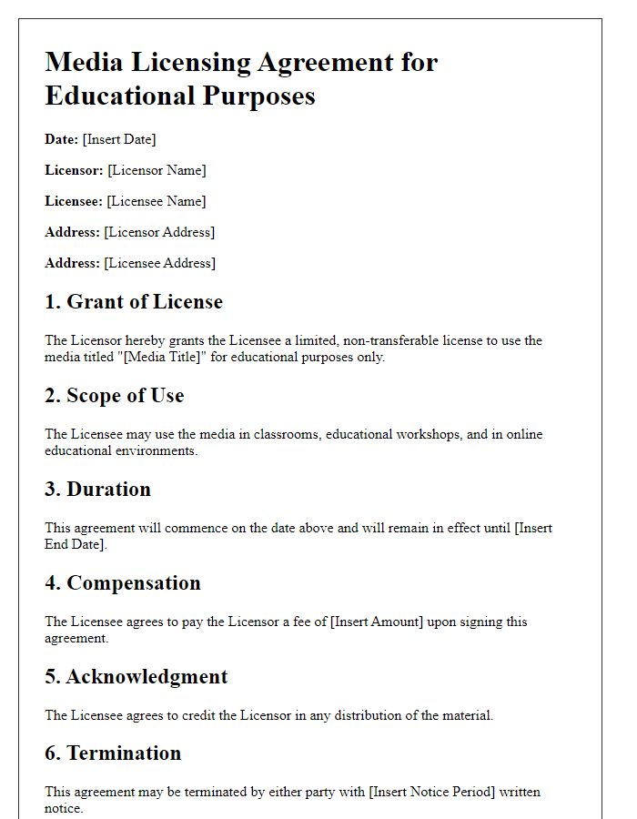 Letter template of media licensing agreement for educational purposes.