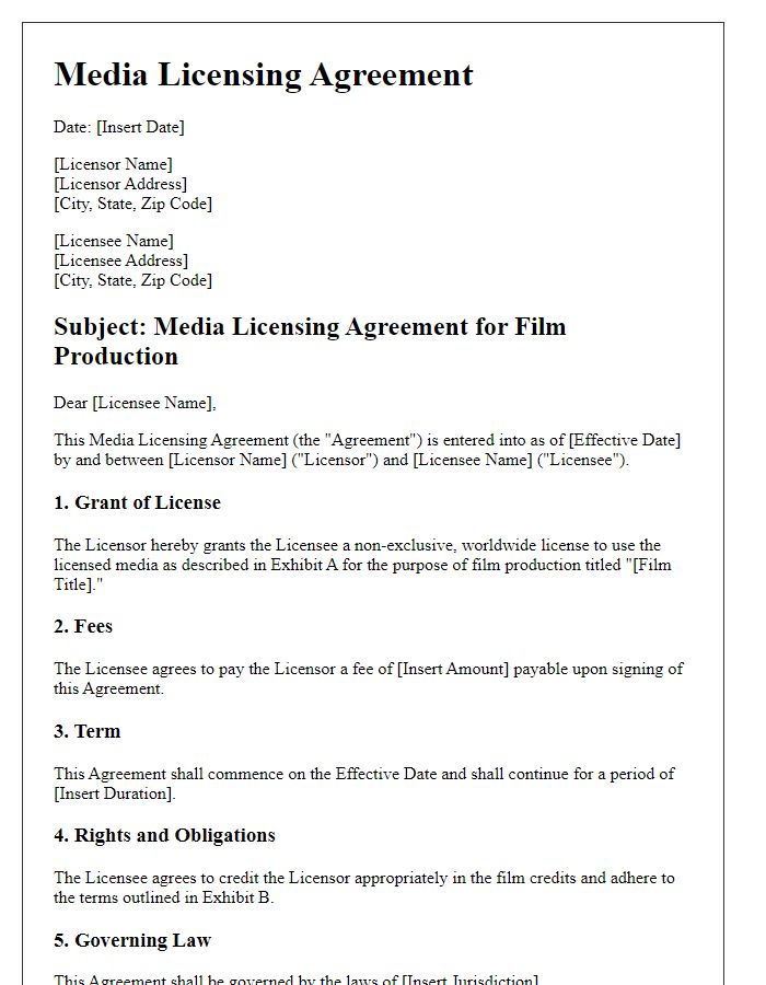 Letter template of media licensing agreement for film production.