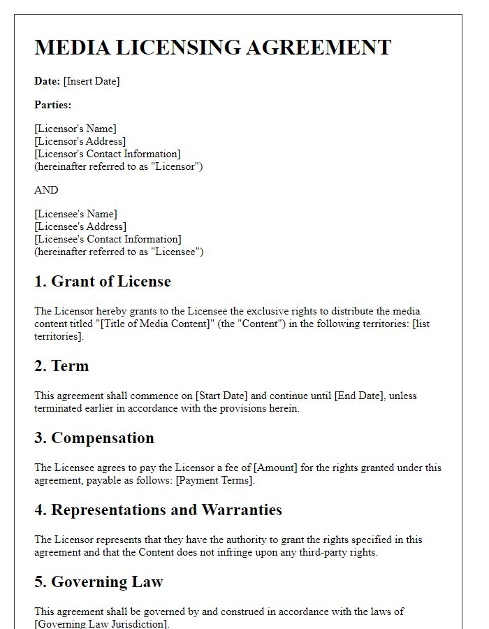 Letter template of media licensing agreement for international distribution rights.