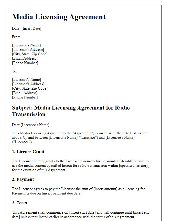 Letter template of media licensing agreement for radio transmission.