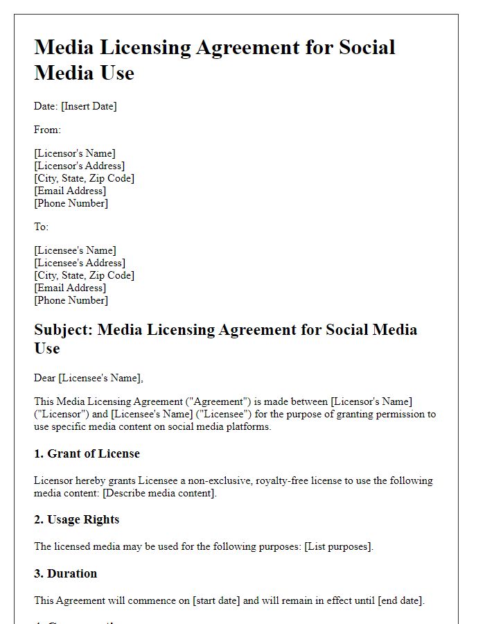 Letter template of media licensing agreement for social media use.