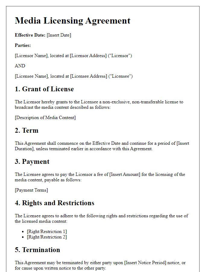 Letter template of media licensing agreement for television broadcasting.