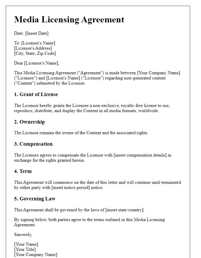 Letter template of media licensing agreement for user-generated content.