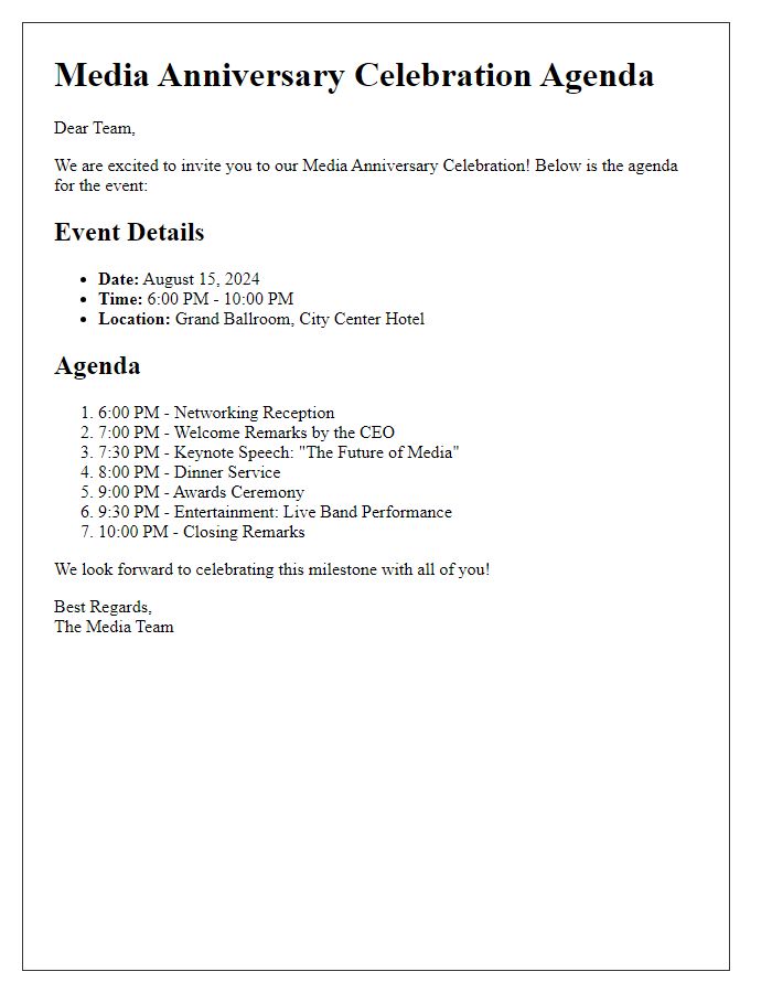 Letter template of media anniversary celebration agenda