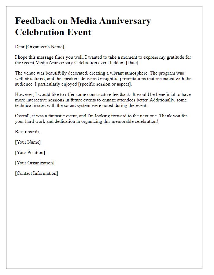 Letter template of media anniversary celebration event feedback