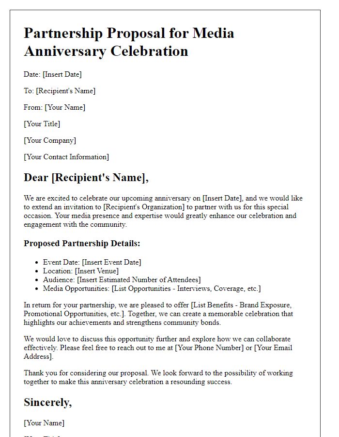 Letter template of media anniversary celebration partnership proposal