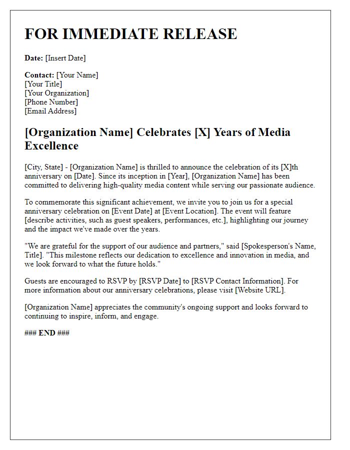 Letter template of media anniversary celebration press release