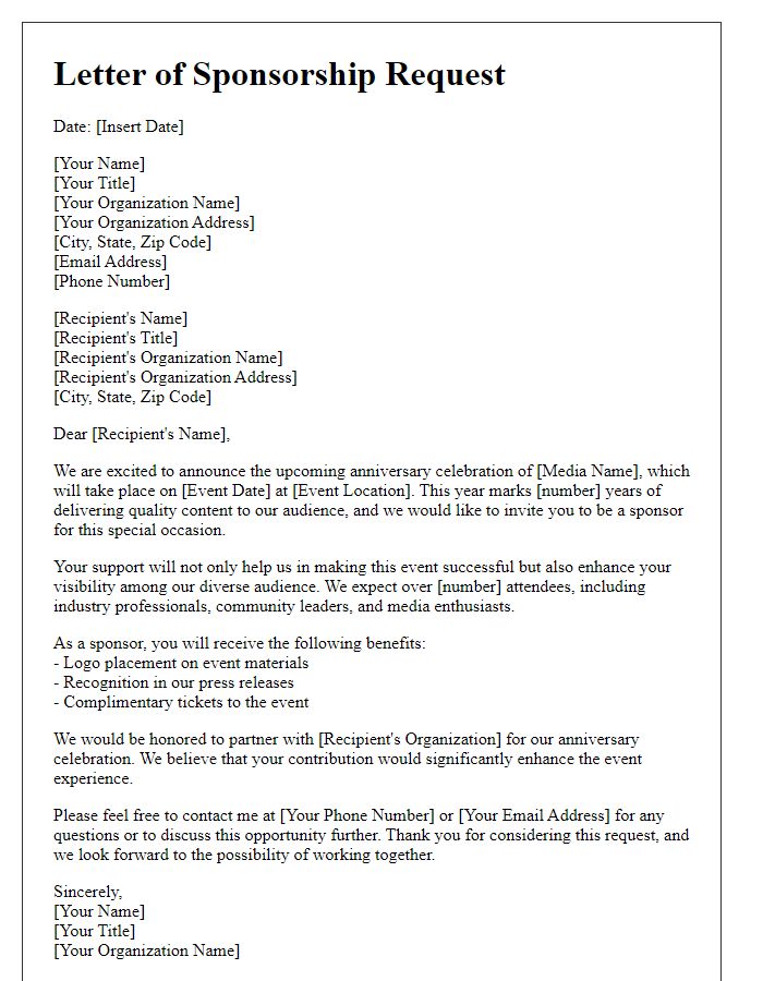 Letter template of media anniversary celebration sponsorship request