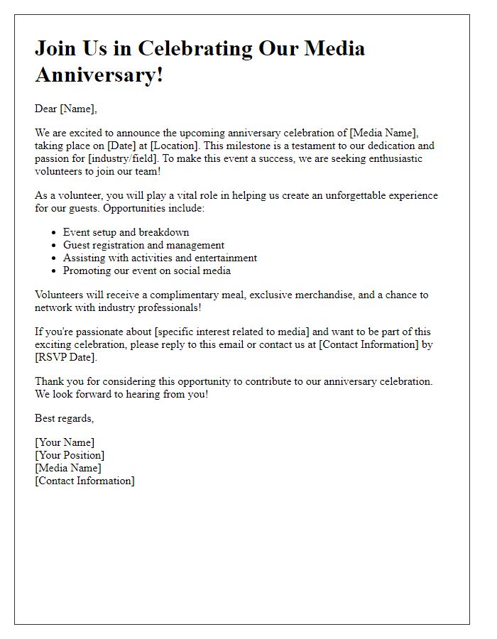 Letter template of media anniversary celebration volunteer recruitment