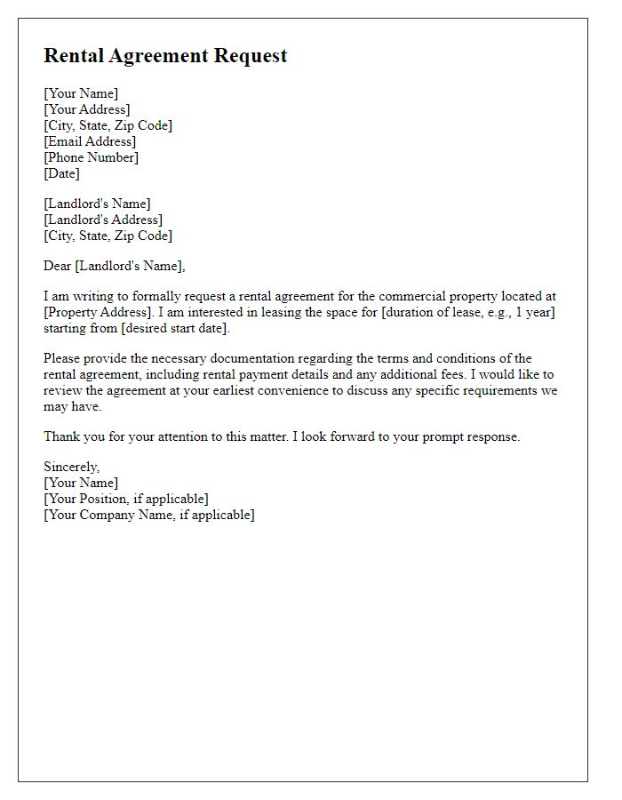 Letter template of rental agreement request for commercial property.