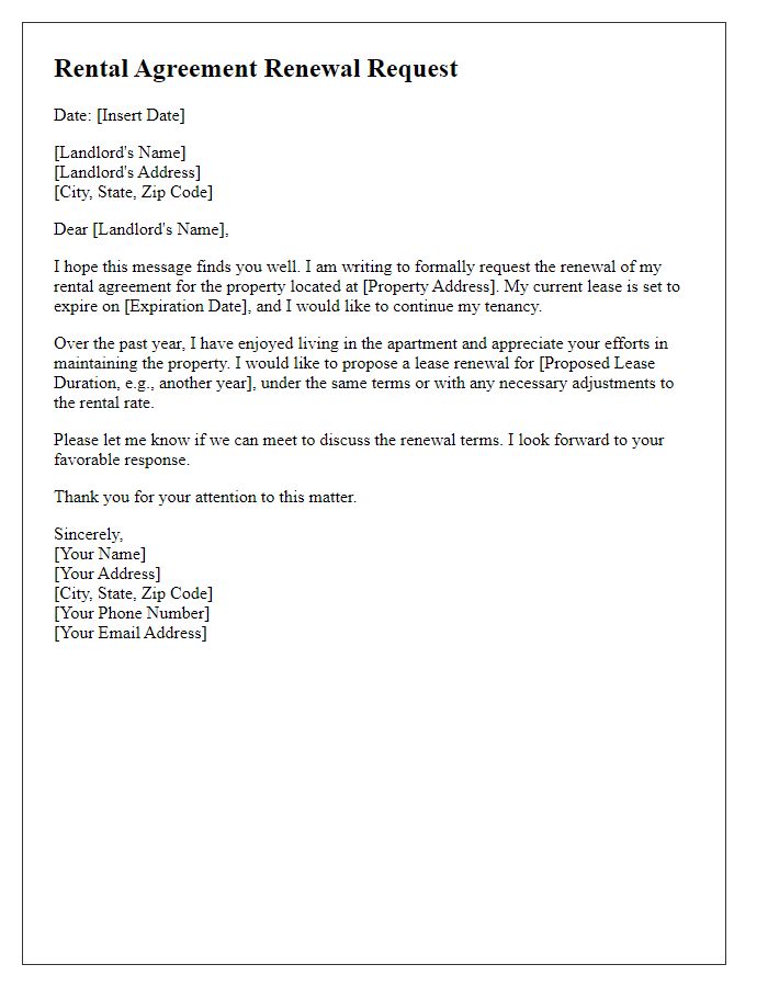 Letter template of rental agreement request for lease renewal.