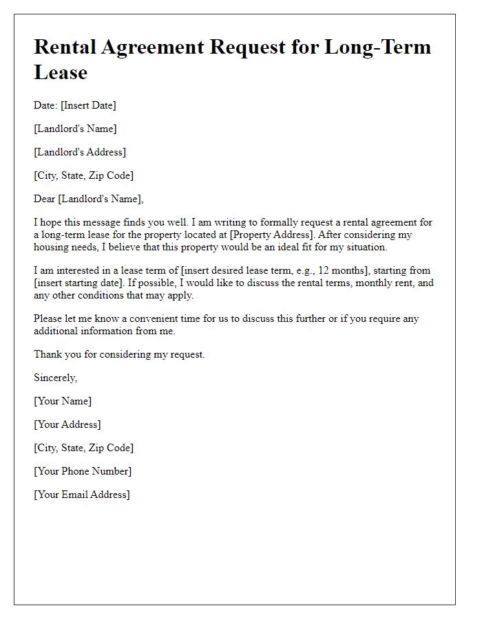 Letter template of rental agreement request for long-term lease.