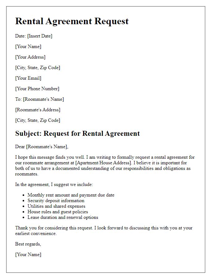 Letter template of rental agreement request for roommate arrangement.