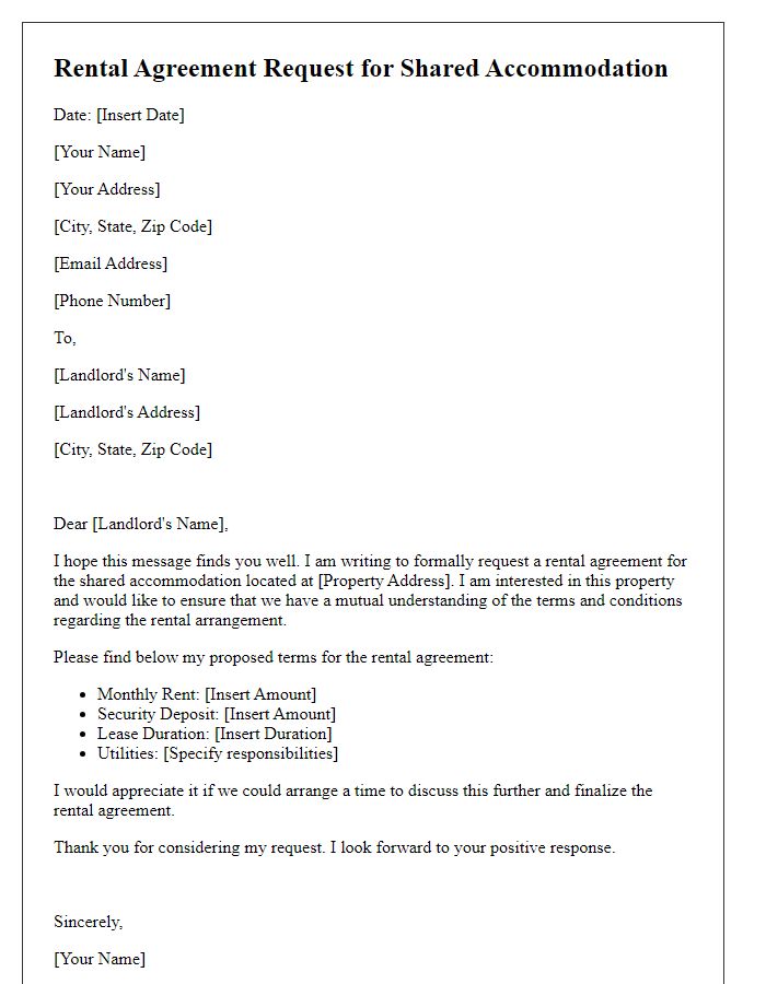 Letter template of rental agreement request for shared accommodation.