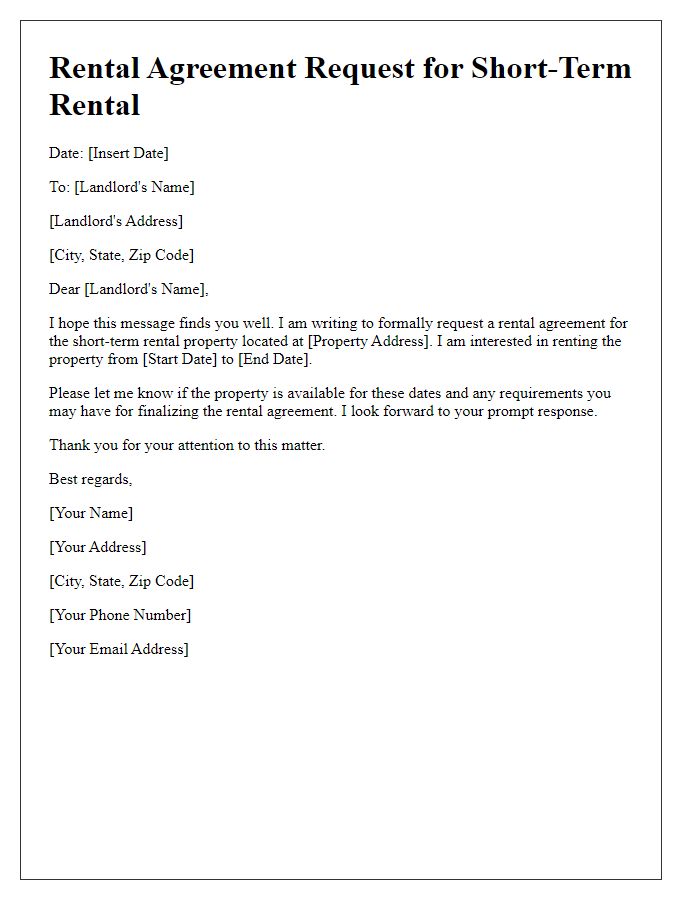 Letter template of rental agreement request for short-term rental.