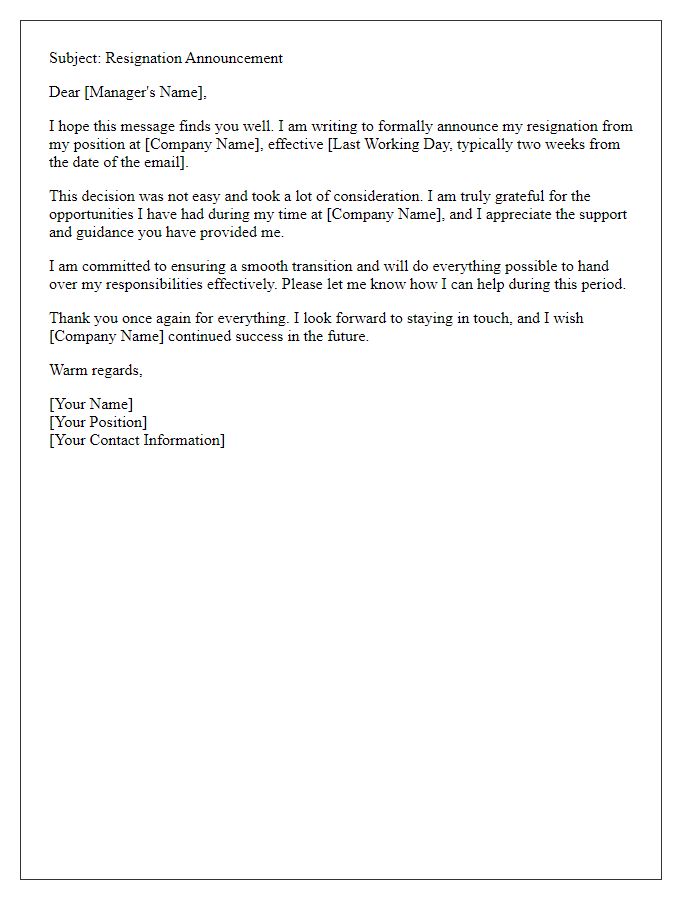 Letter template of amicable resignation announcement email