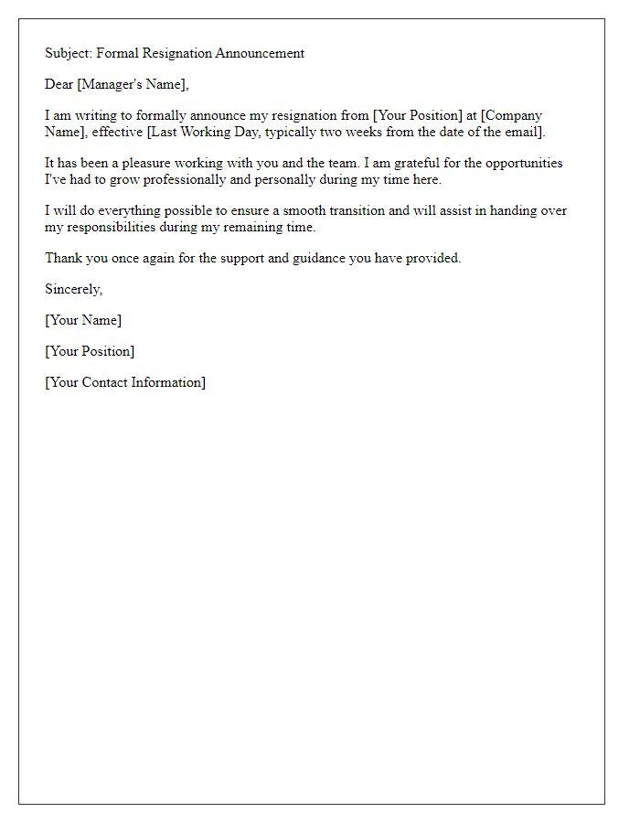 Letter template of formal resignation announcement email