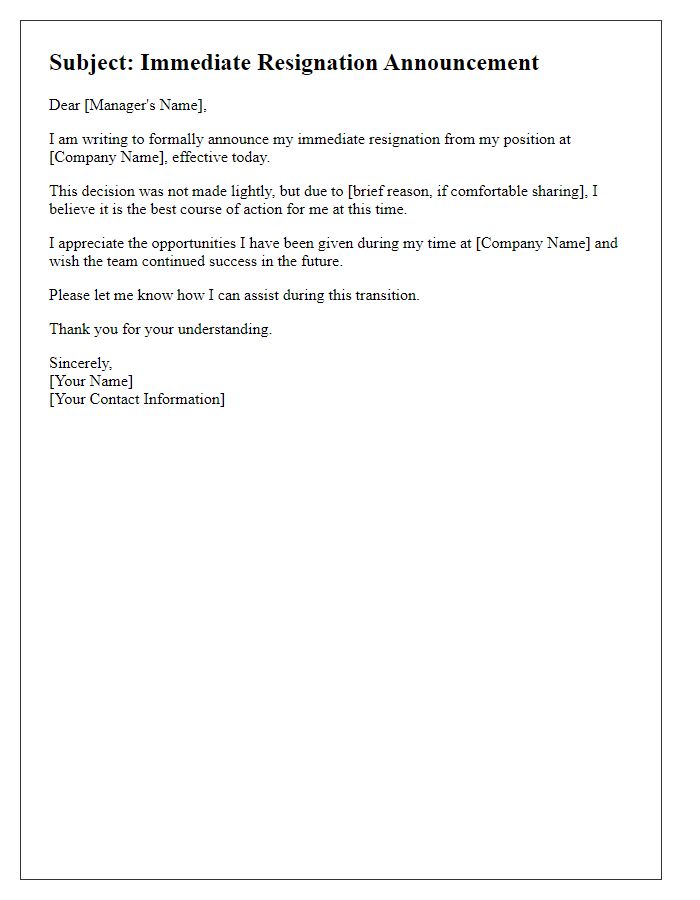 Letter template of immediate resignation announcement email