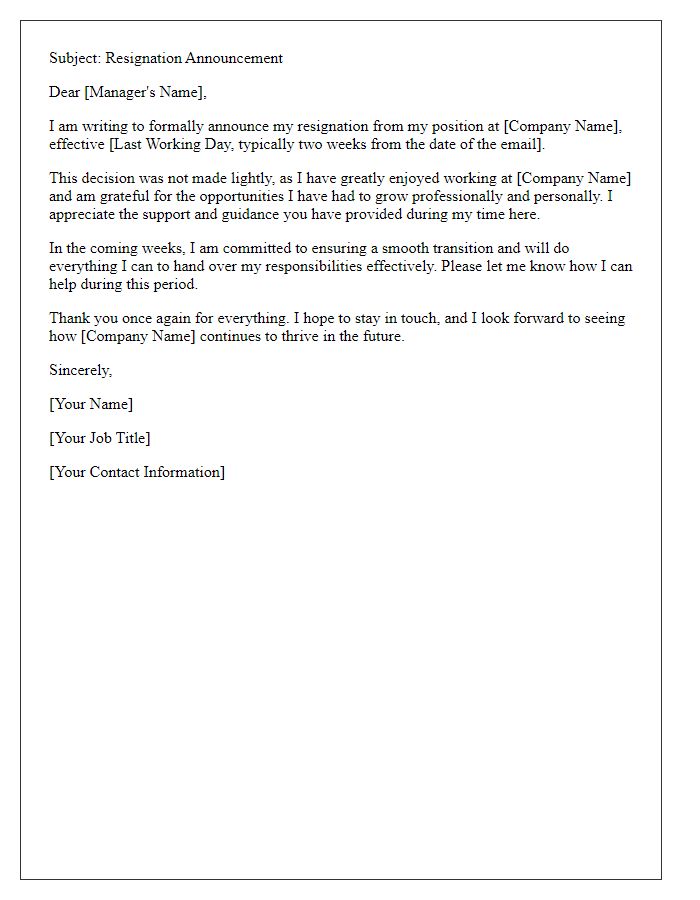 Letter template of professional resignation announcement email