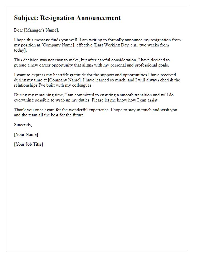 Letter template of resignation announcement email for a career change