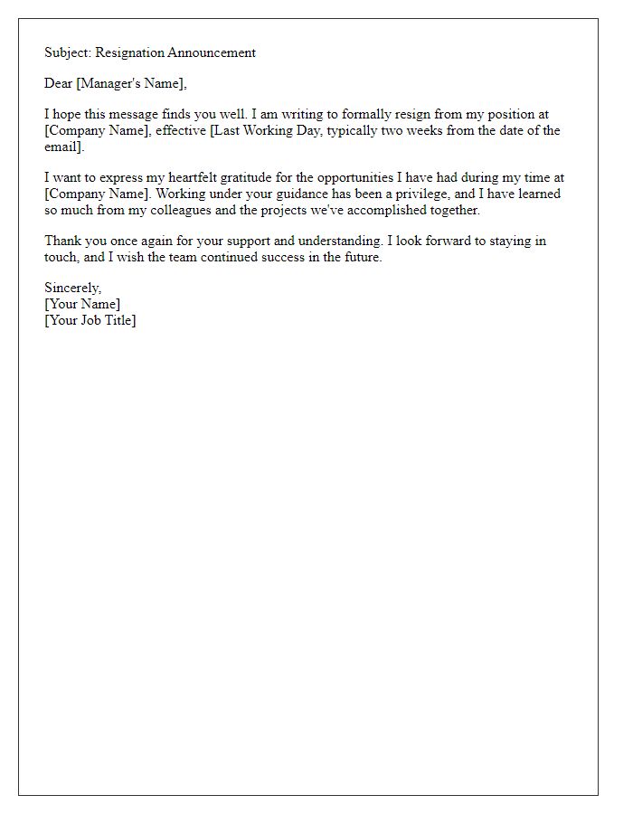 Letter template of resignation announcement email with gratitude