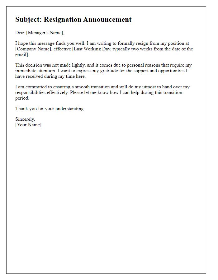 Letter template of resignation announcement email for personal reasons