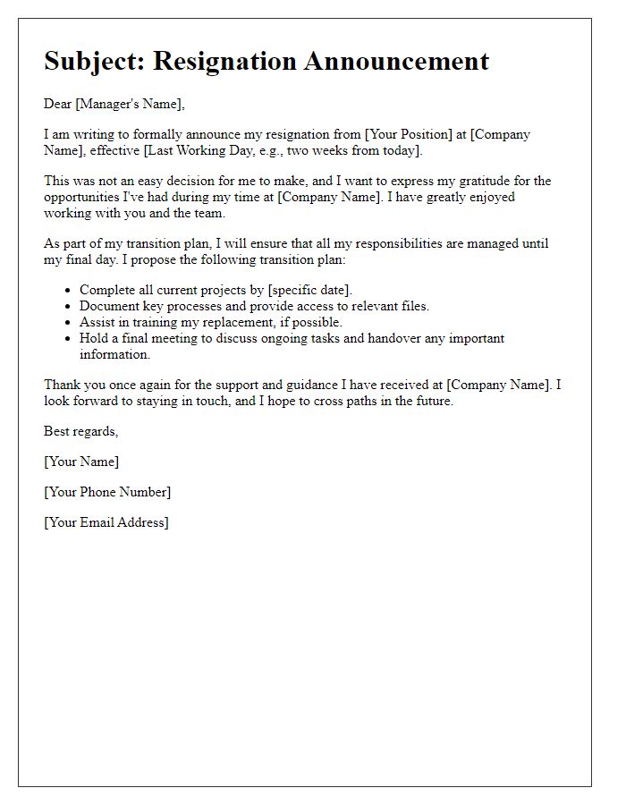 Letter template of resignation announcement email with transition plans