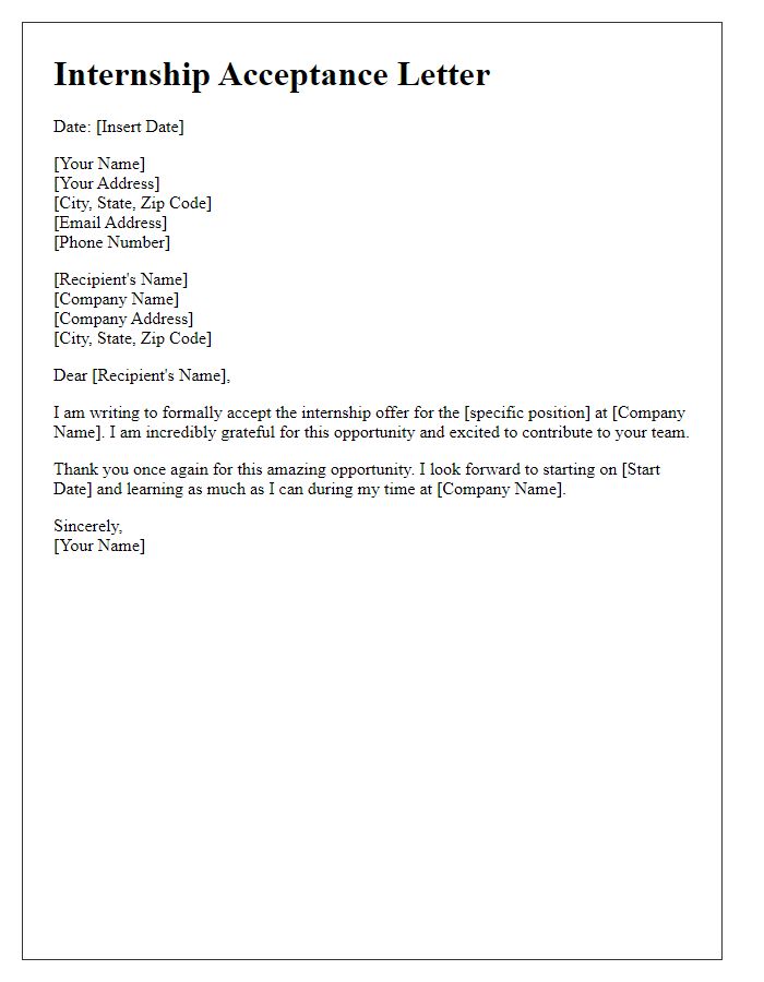 Letter template of internship acceptance with gratitude.