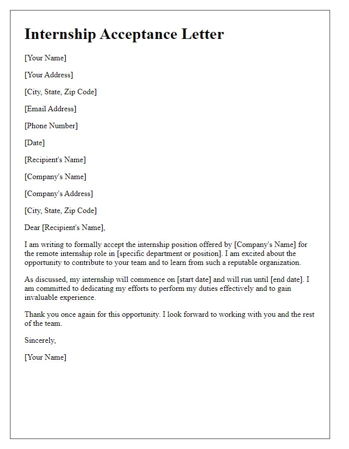 Letter template of internship acceptance for a remote position.