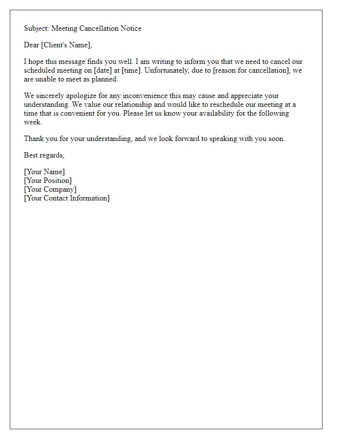 Letter template of client meeting cancellation communication