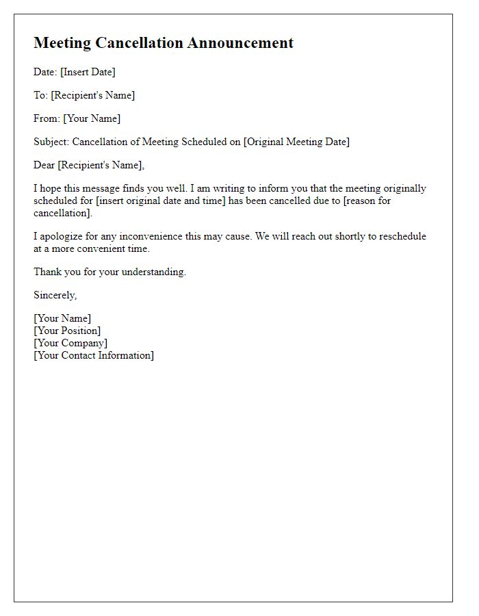 Letter template of formal meeting cancellation announcement