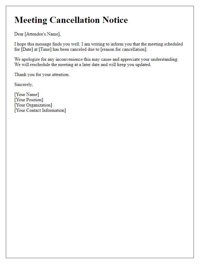 Letter template of meeting cancellation notice to attendees