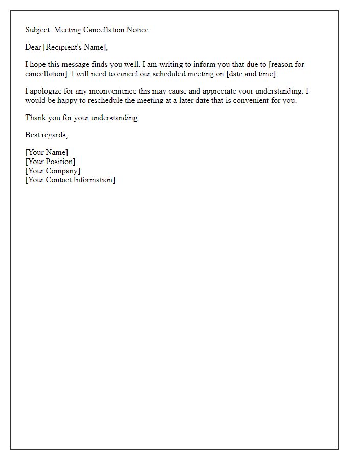 Letter template of professional meeting cancellation email