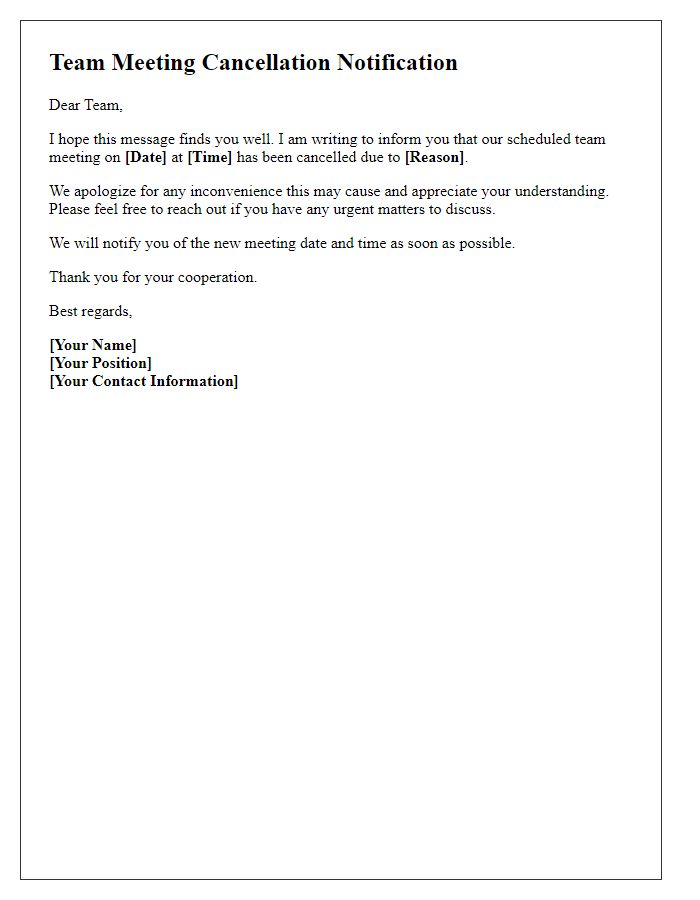 Letter template of team meeting cancellation notification