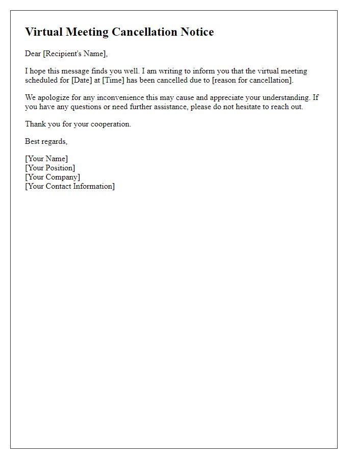 Letter template of virtual meeting cancellation alert