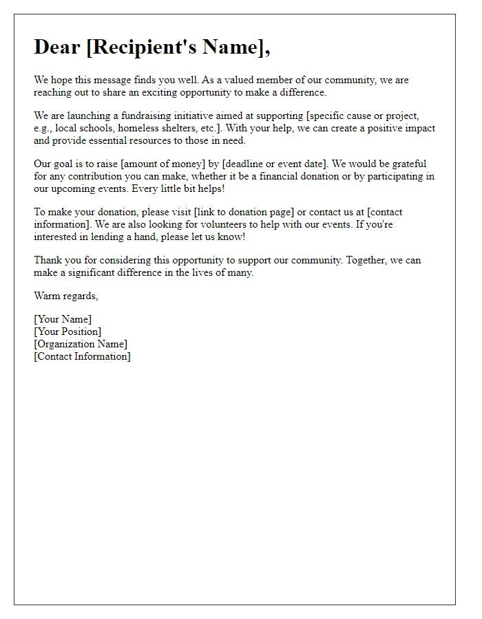 Letter template of a community support fundraising initiative