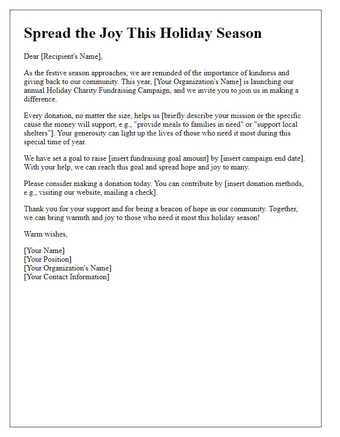 Letter template of a holiday-themed charity fundraising campaign