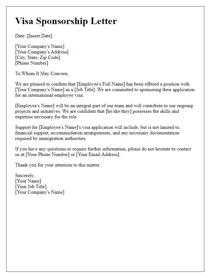 Letter template of international employee visa sponsorship